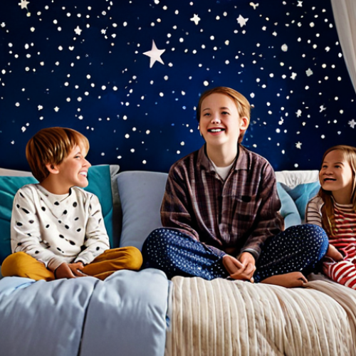 Home 4 A diverse group of happy children, fully clothed in modest, comfortable pajamas and appropriate attire, enjoying a magical themed pajama party in a beautifully decorated indoor space. The room is transformed into a dreamy night sky with soft, warm fairy lights, projected stars on the ceiling, and cozy piles of soft pillows and blankets creating inviting nooks. Children are casually relaxed, some looking up at the starry projections, others nestled among the cushions. The atmosphere is enchanting and family-friendly. Professional photography, high quality, perfect anatomy, correct proportions, natural pose, well-formed hands, proper finger count, natural body proportions, safe for work, appropriate content, fully clothed.