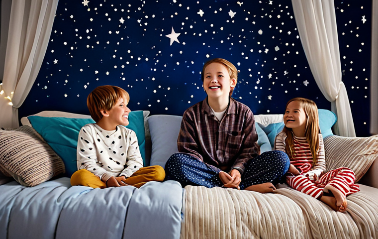 A diverse group of happy children, fully clothed in modest, comfortable pajamas and appropriate attire, enjoying a magical themed pajama party in a beautifully decorated indoor space. The room is transformed into a dreamy night sky with soft, warm fairy lights, projected stars on the ceiling, and cozy piles of soft pillows and blankets creating inviting nooks. Children are casually relaxed, some looking up at the starry projections, others nestled among the cushions. The atmosphere is enchanting and family-friendly. Professional photography, high quality, perfect anatomy, correct proportions, natural pose, well-formed hands, proper finger count, natural body proportions, safe for work, appropriate content, fully clothed.